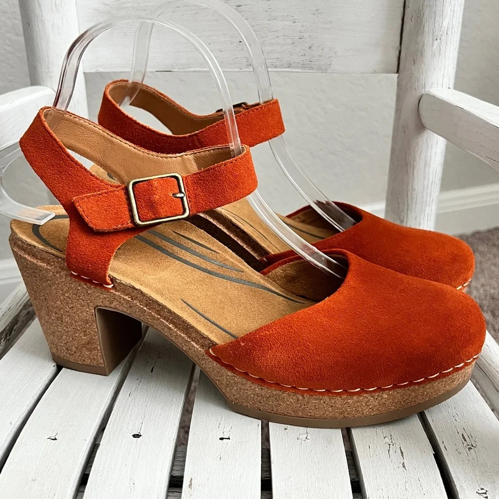 Aetrex Finley Rusty Burnt Orange Suede Leather Ankle-Strap Clog Heels 9 - Picture 4 of 14